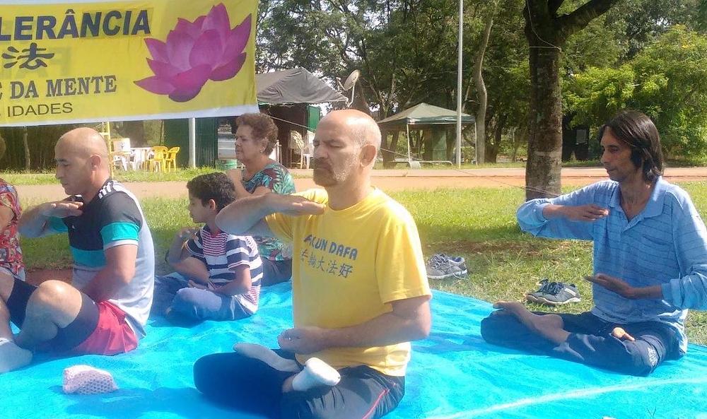 Autor i drugi praktikanti studiraju Falun Dafa knjige i izvode vježbe.