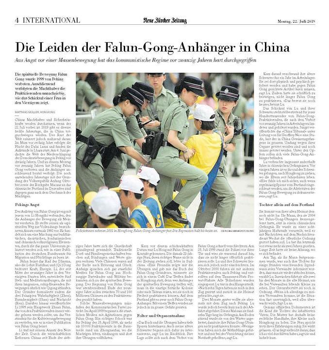 Neue Zürcher Zeitung, švicarske novine na njemačkom jeziku, objavio je patnju Falun Gong praktikanta tijekom 20 godina progona u Kini.