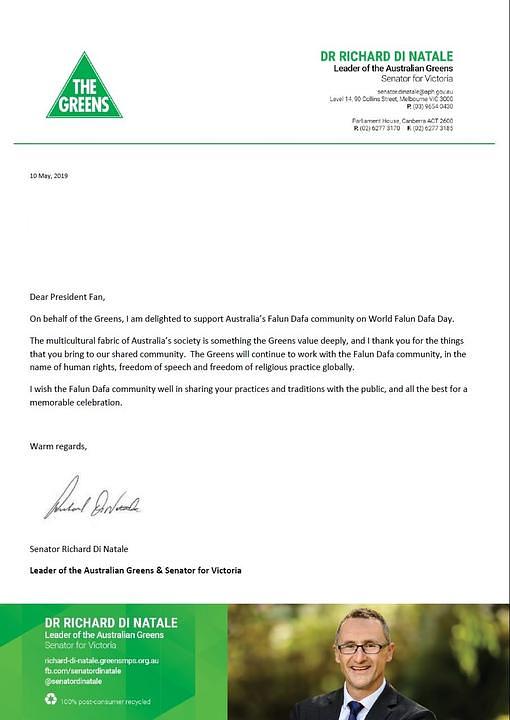 Pismo senatora dr. Richarda Di Natalea za Viktoriju, lidera australijskih Zelenih