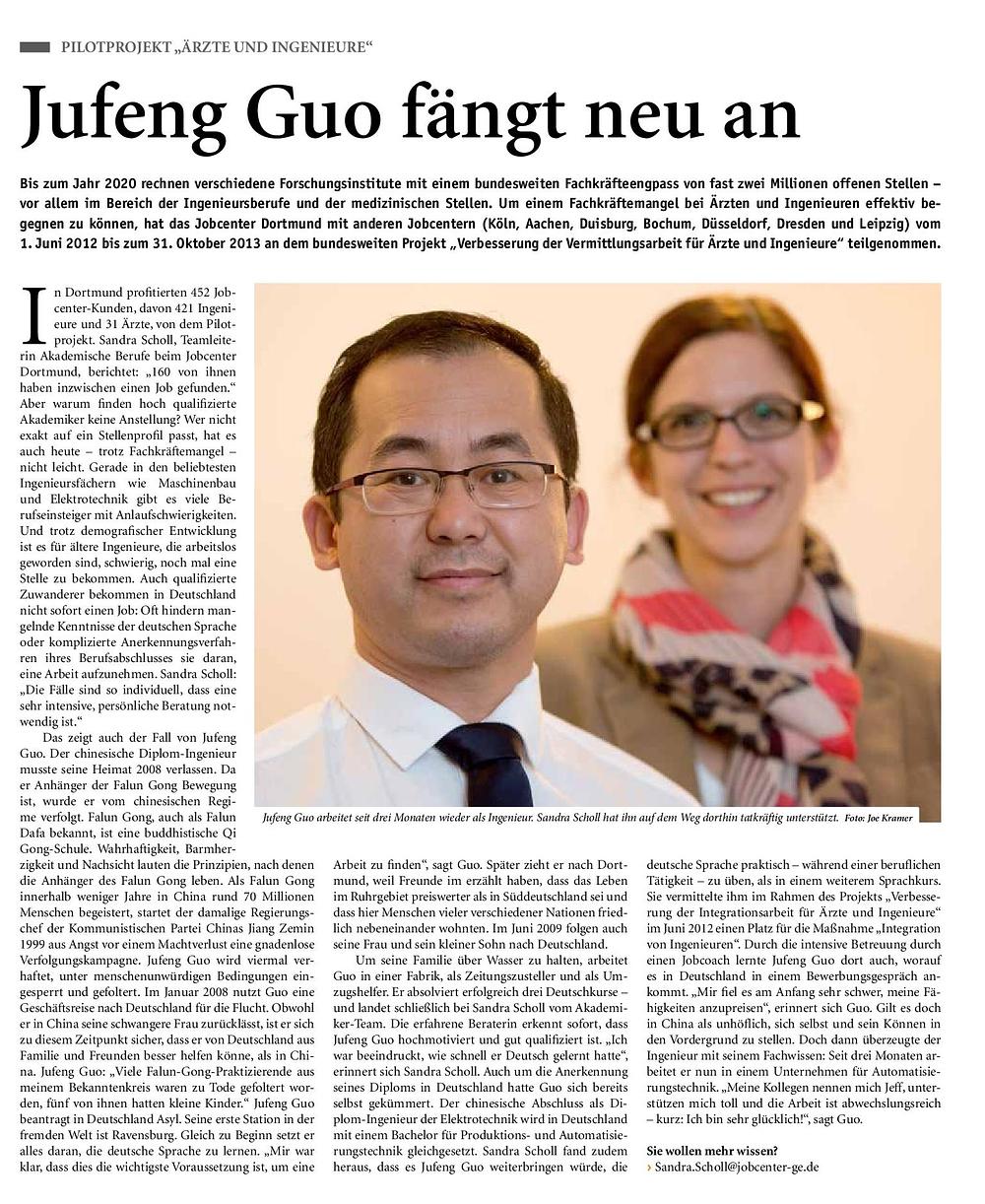 Članak u listu dortmundskog Zavoda za zapošljavanje: "Guo Jufeng, novi početak"
