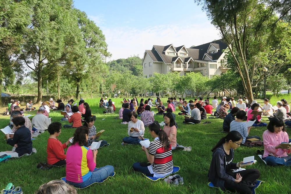 Praktikanti na travnjaku zajedno čitaju Falun Dafa učenja.