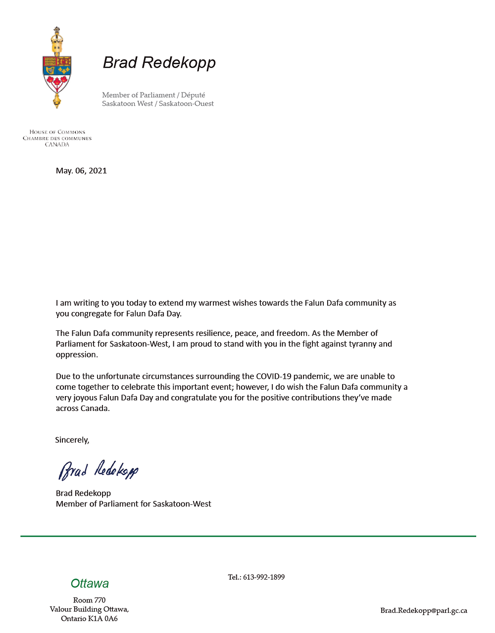  Pismo Brada Redekoppa poslanika za Saskatoon-West