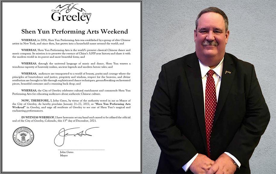 Prije nastupa Shen Yuna u Greeleyju, Colorado, gradonačelnik Greeleyja John Gates je uručio proglas, pozdravljajući ovu kompaniju scenskih umjetnosti: