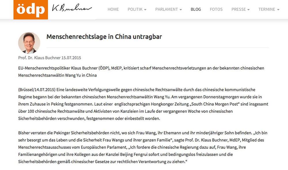 Screenshot blog članka Dr. Klausa Buchnera pod nazivom: "Stanje ljudskih prava u Kini je nepodnošljivo"
