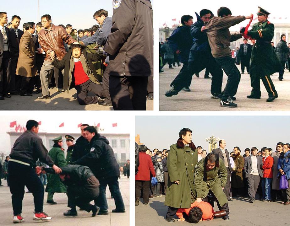 Praktikanti Falun Gonga uhapšeni i isprebijani na Tiananmenu u Pekingu, slikano na samom početku progona, 1999.godine 
