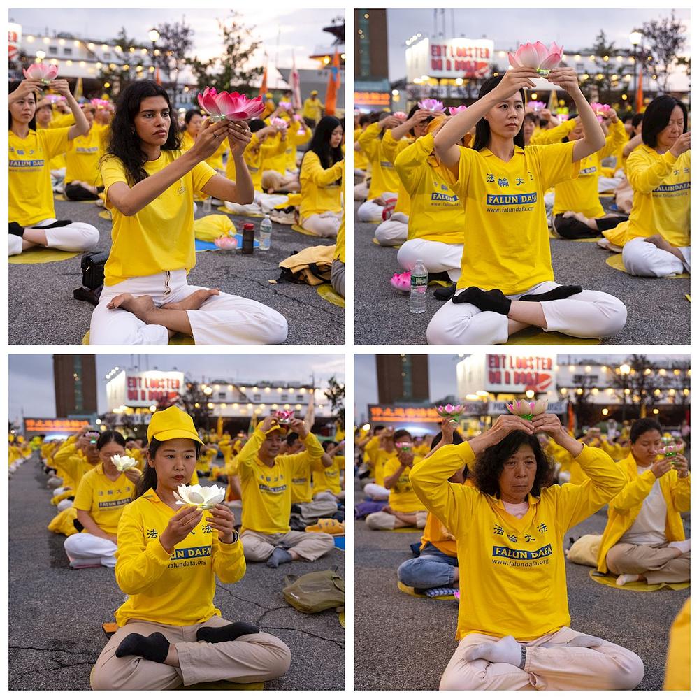  Falun Dafa praktikanti drže bdenje uz sveće ispred kineskog konzulata na Menhetnu uveče 16. jula 2023.