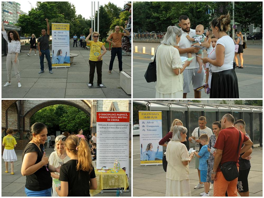 Praktikanti dijele informacije o Falun Dafa blizu ulaza u Dječiji grad u Bukureštu 29. jula 2023.