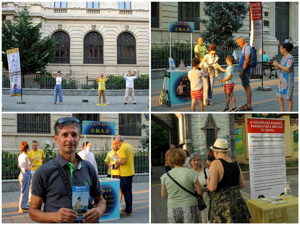 Praktikanti su početkom avgusta, ispred Narodne banke Rumunije u starom gradu Bukureštu, demonstrirali vježbe i govorili ljudima o aktuelnom progonu u Kini. Jedan je čovjek zatražio da se snimi njegova fotografija dok drži letak kako bi ohrabrio praktikante u Kini.