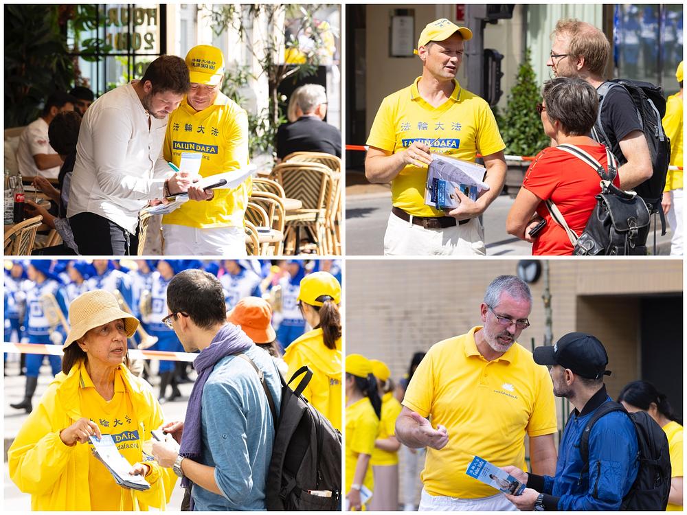 Praktikanti govore ljudima o Falun Dafa duž rute parade 