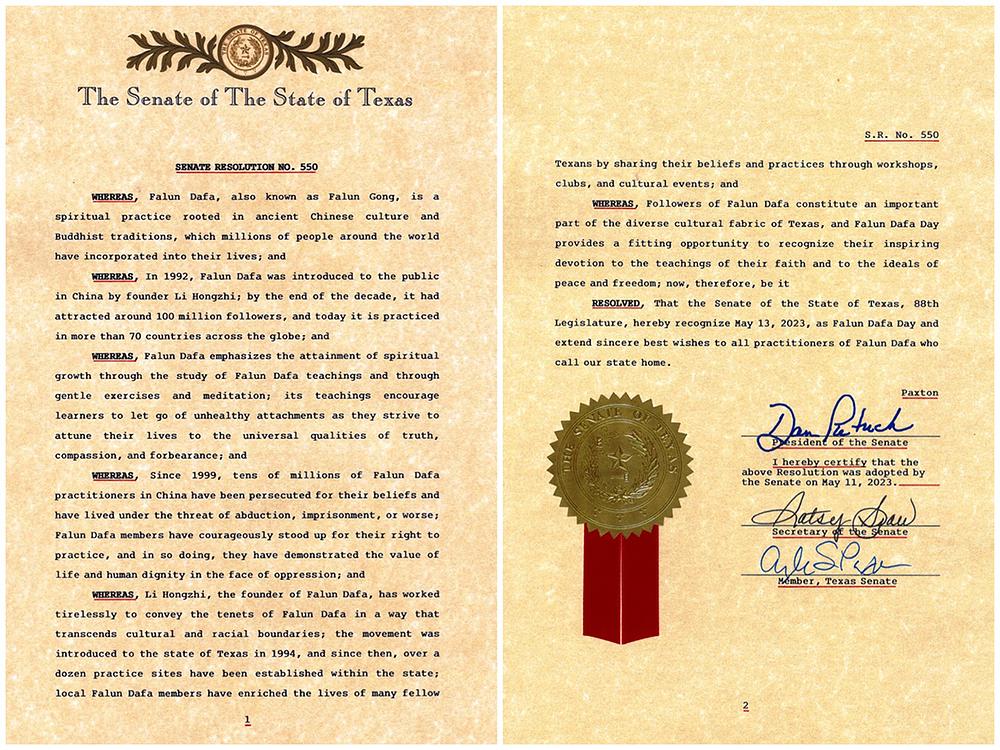 Senat Teksasa je 11. maja 2023. godine izdao Rezoluciju br. 550 koju je sponzorisala senatorka Angela Paxton iz Osmog okruga za proslavu 24. Svjetskog dana Falun Dafa i obilježavanje 31. godišnjice javnog predstavljanja Falun Dafa.
 