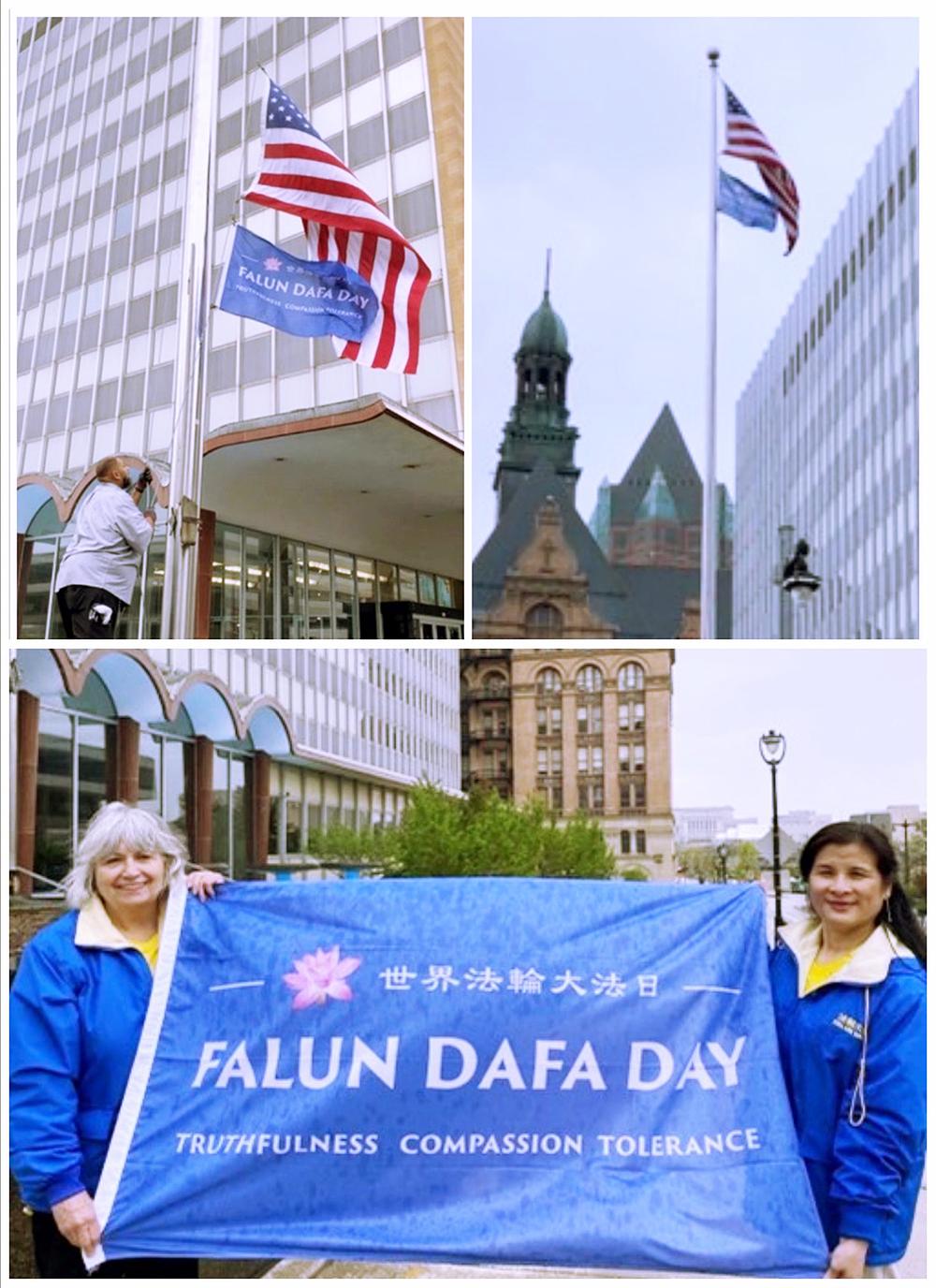 Zastava povodom Dana Falun Dafa je podignuta iznad gradske vijećnice Milwaukeeja u 8 sati ujutro 13. maja 2023.
 