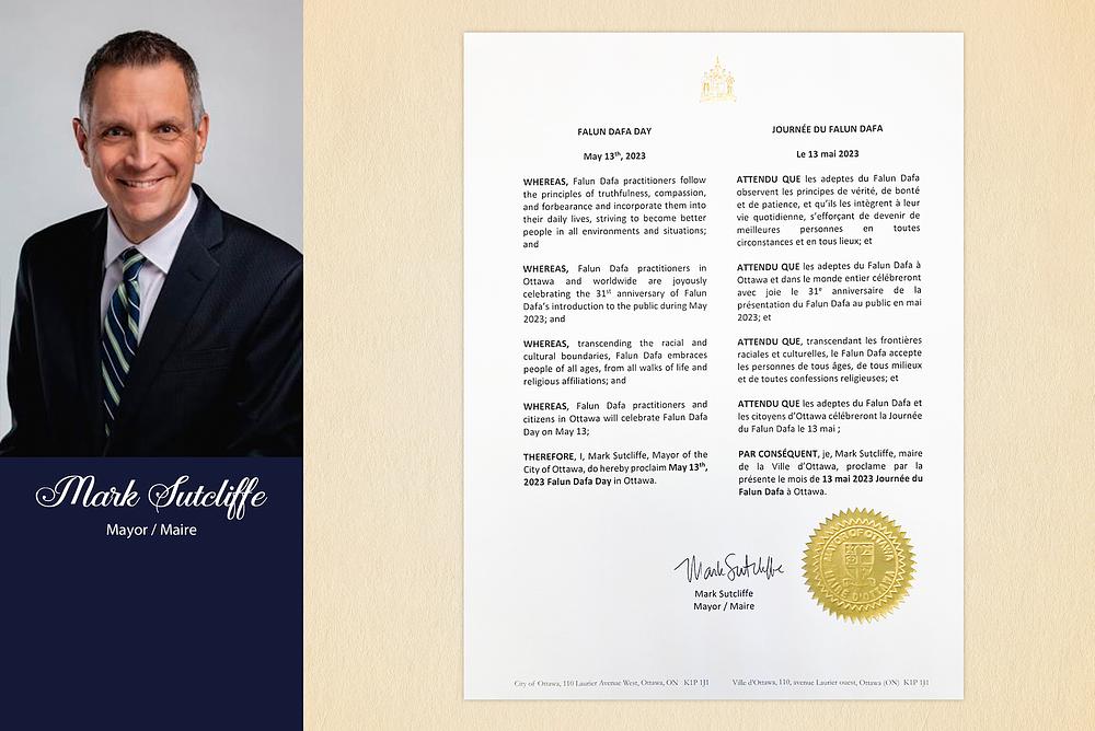  Gradonačelnik Otave, glavnog grada Kanade, Mark Sutcliffe, proglasio je 13. maj Danom Falun Dafe.
