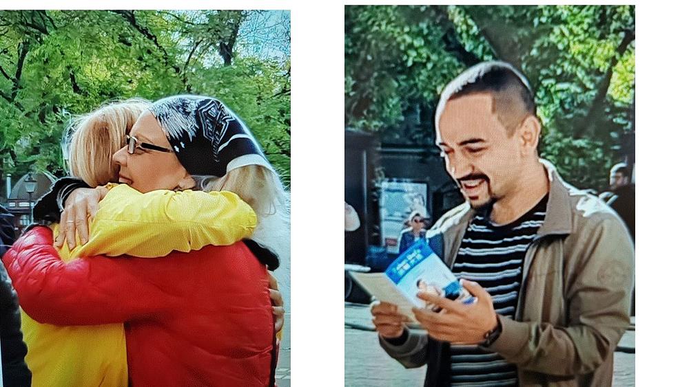  Nakon što je završena demonstracija svih pet vežbi Falun Dafe, žena (levo) je zagrlila praktikantkinju. Gospodin (desno) čita o Falun Dafi.