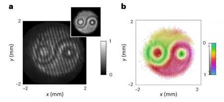  Biofotonska digitalna holografija: a) interferencija dva fotona, b) rekonstruirana amplitudna i fazna struktura. Yin yang Tai Chi simbol prikazan je u prilogu.
