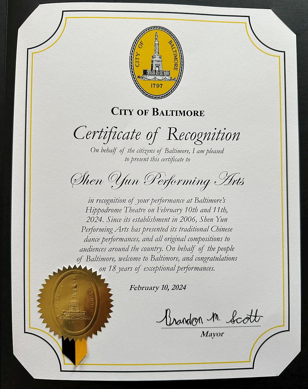 Priznanje Brandona M. Scotta, gradonačelnika Baltimora