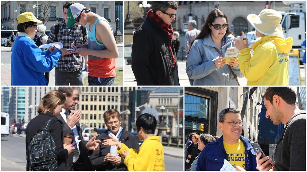 Ljudi razgovaraju sa praktikantima Falun Gonga, želeći saznati šta je to stvarno Falun Gong.