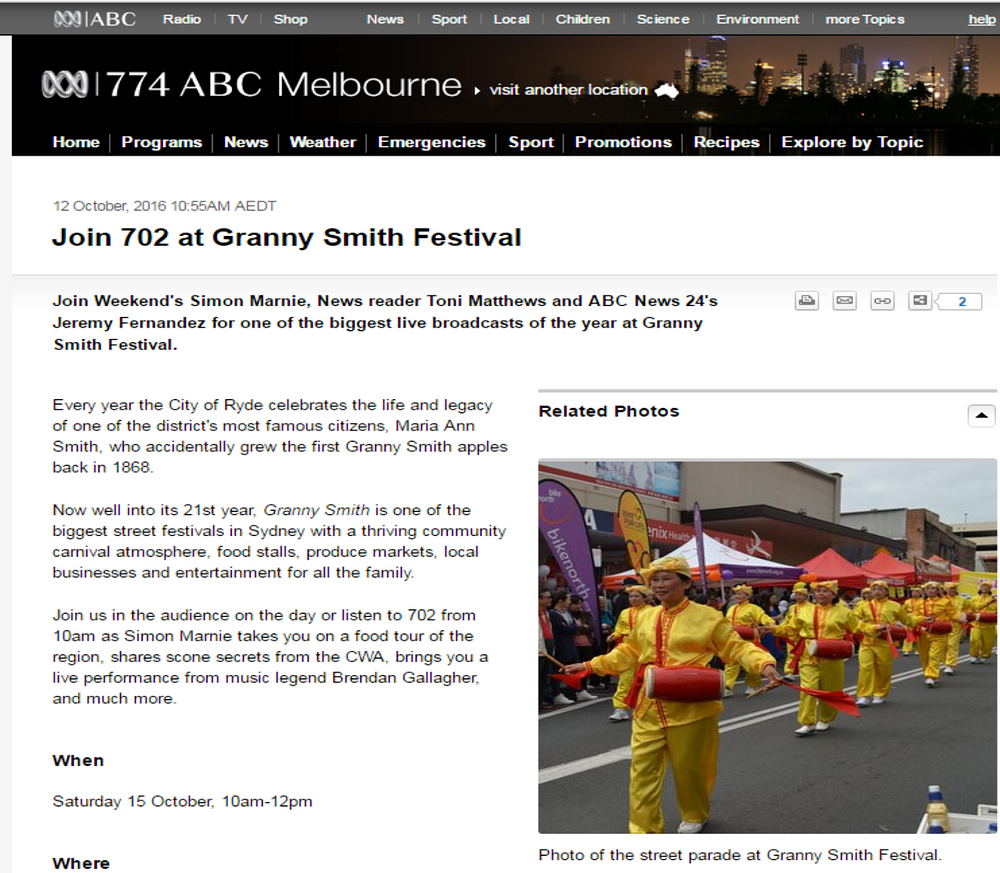 Australian Broadcasting Corporation (ABC), javna kompanija u vlasništvu države, je uvrstila Falun Dafa dobošarski orkestar na svoju web stranicu u svrhu promocije festivala.