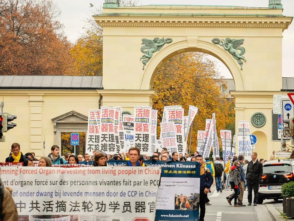 Natpisi koji pozivaju okončanje progona i prisilnog otklanjanja organa koje se vrši nad zatočenim Falun Gong praktikantima u Kini.
