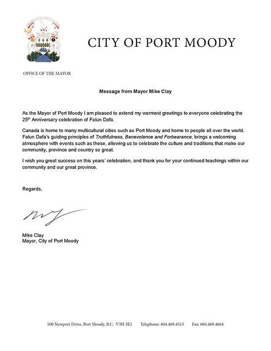 Pismo koje je uputio gradonačelnik Port Moodyja, Mike Clay.