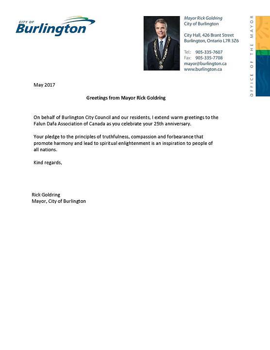 Pismo koje je uputio gradonačelnik Burlingtona, Rick Goldring.