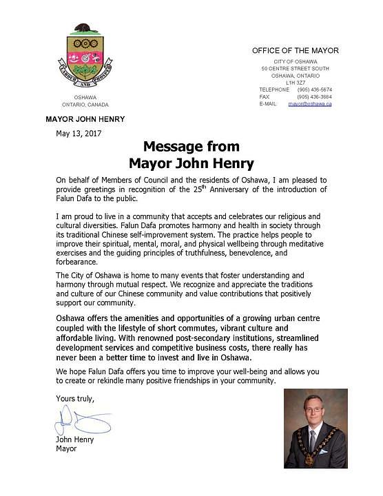 Pismo koje je uputio gradonačelnik Oshawe, John Henry.