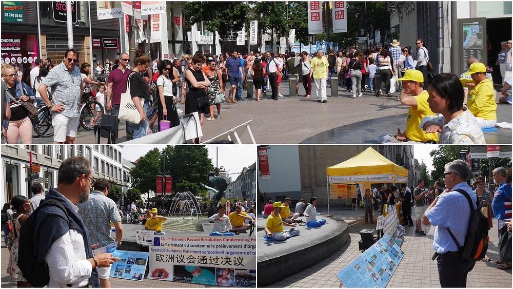 Praktikanti Falun Gonga demonstriraju set pet vježbi u ulici Meir u Antverpenu. Pomoću ovih aktivnosti praktikanti su željeli promovirati korist za zdravlje koji donosi prakticiranje i podići nivo svijesti o progonu koji se dešava u Kini. 