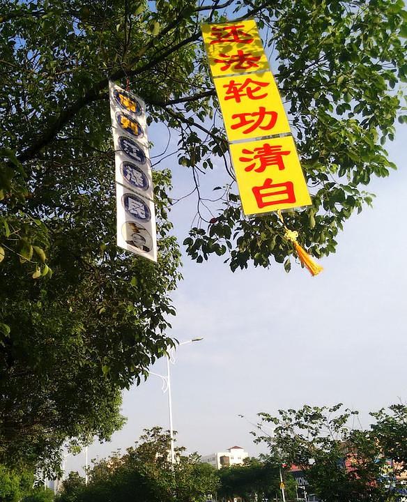 Na desnom transparentu piše: „Vratite dobro ime Falun Gonga" Na desnom piše: „Dovedite Jiang Zemina pred lice pravde"
 