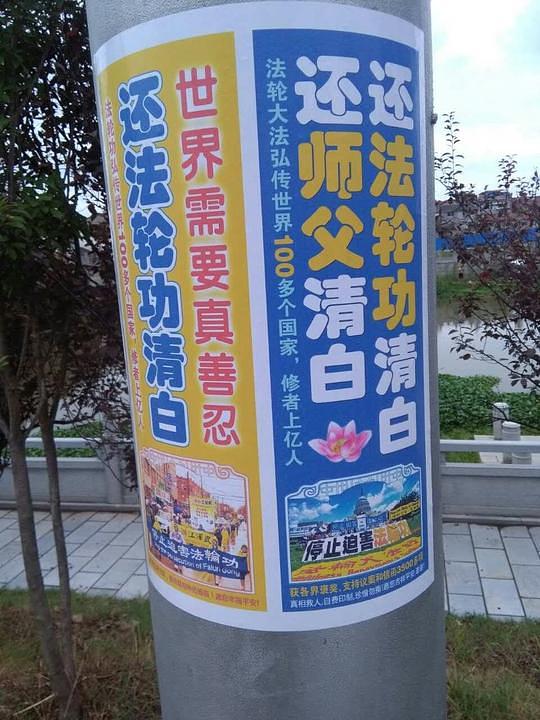 Na desnom plakatu piše: „Vratite dobro ime Falun Gonga i njegovog osnivača". Na lijevom stoji napisano: „Svijet treba Istinitost-Dobrodušnost-Toleranciju" 
