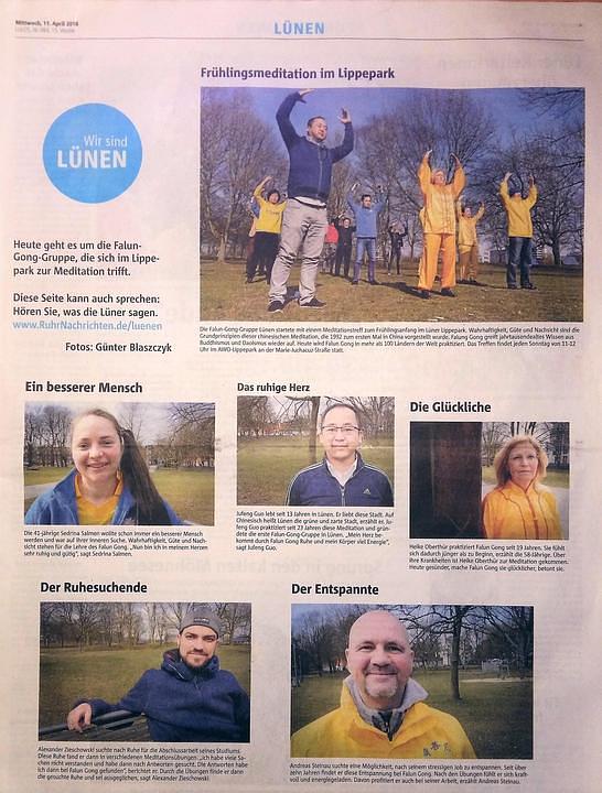 Članak njemačkog lista Lunen o Falun Gongu u Lippeparku koji uključuje i intervjue sa pet praktikanta
 