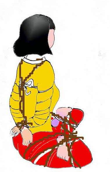 Ilustracija mučenja: vezanje užetom sa zapešćima vezanim lisicama iza leđa