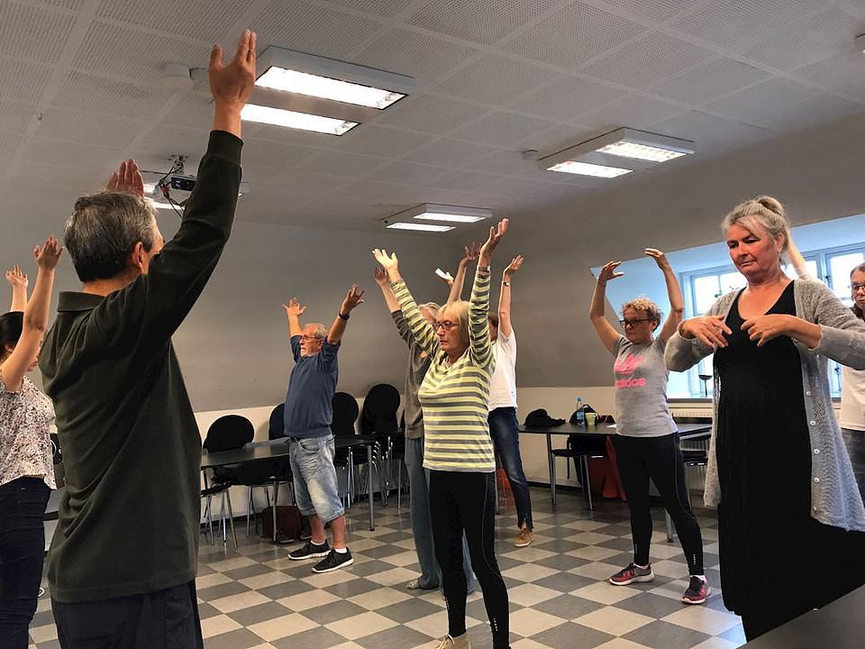 Učesnici u radionici u Aalborg centru za društvene aktivnosti uče Falun Gong vježbe.