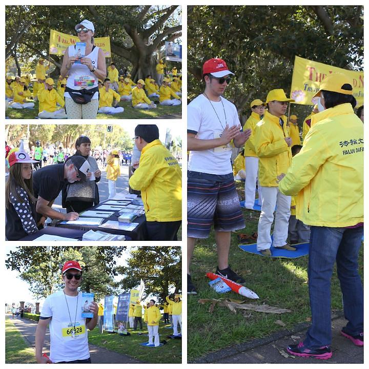 Trkači razgovaraju sa praktikantima i uče Falun Gong vježbe.