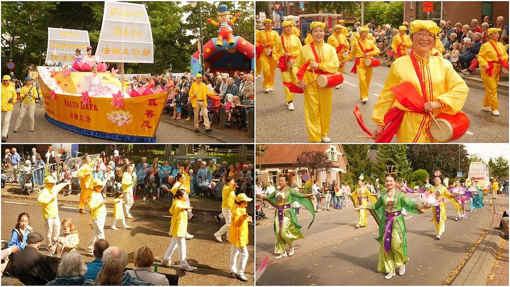Falun Gong splav, nastup dobošara, demonstracija Falun Gong vježbi i tradicionalni kineski ples na paradi cvijeća u Leersumu