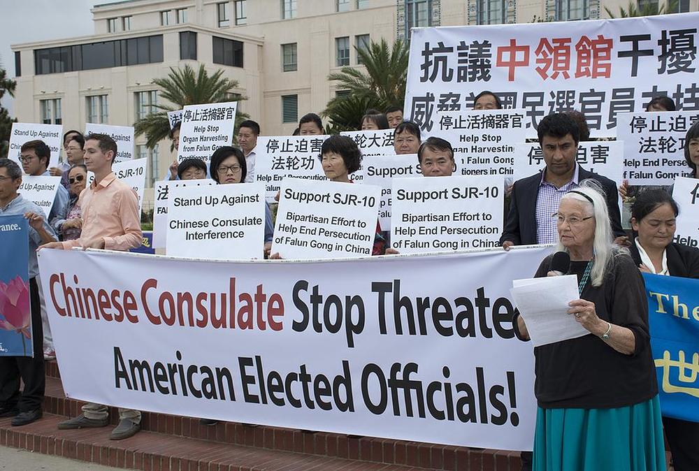 Profesor emeritus Gwendalle Cooper je prisustvovala skupu u San Diegu i održala govor podrške naporima praktikanata protiv progona.