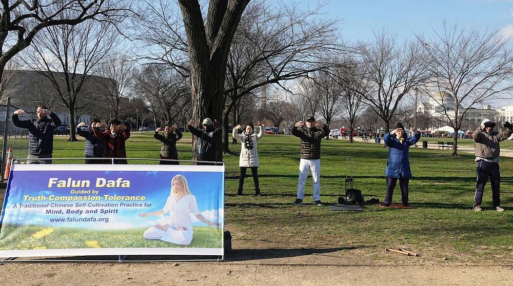 Falun Dafa praktikanti izvode vježbe u National Mallu u Washingtonu 6. januara 2019.