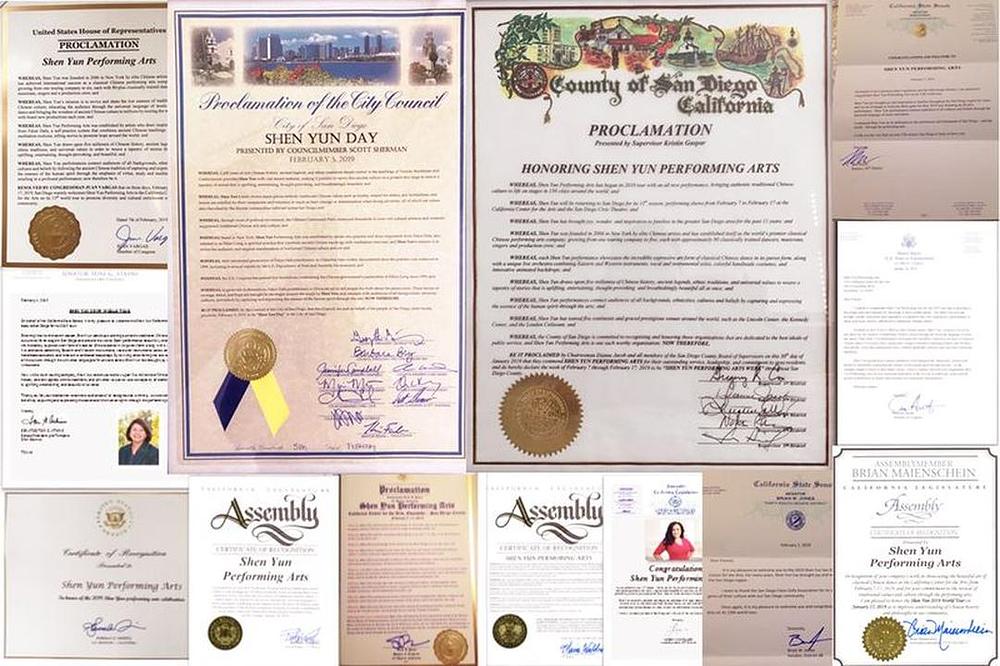 Dvadeset i šest izabranih zvaničnika iz okruga San Diego u Kaliforniji uputili čestitke i priznanja Shen Yun Performing Arts prije njihovih nastupa u februaru. 