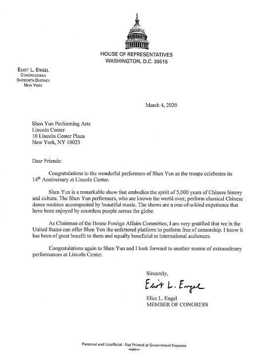  Pismo Eliota Engela, američkog zastupnika i predsjedavajućeg Odbora za vanjske poslove Doma.
