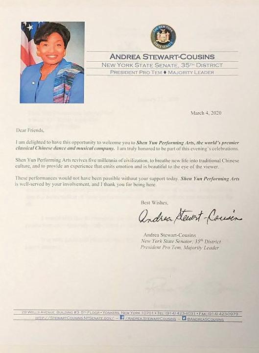 Pismo Andree Stewart-Cousins, senatorice države New York i voditeljice senatske većine. 