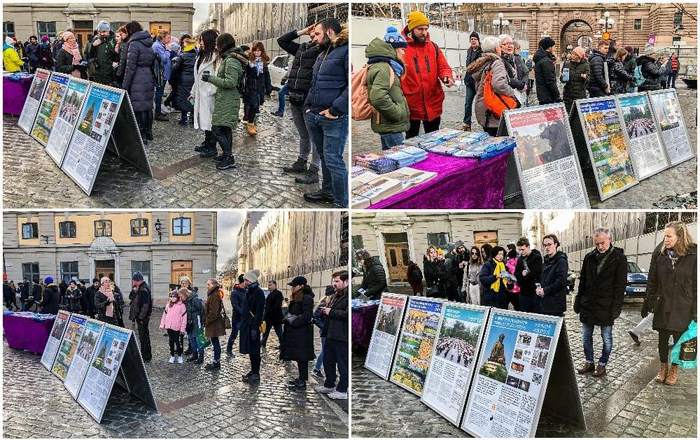 Prolaznici na trgu Mynttorget čitaju Falun Gong (poznat i pod imenom Falun Dafa) plakate koje su postavili praktikanti 29. februara 2020. godine.