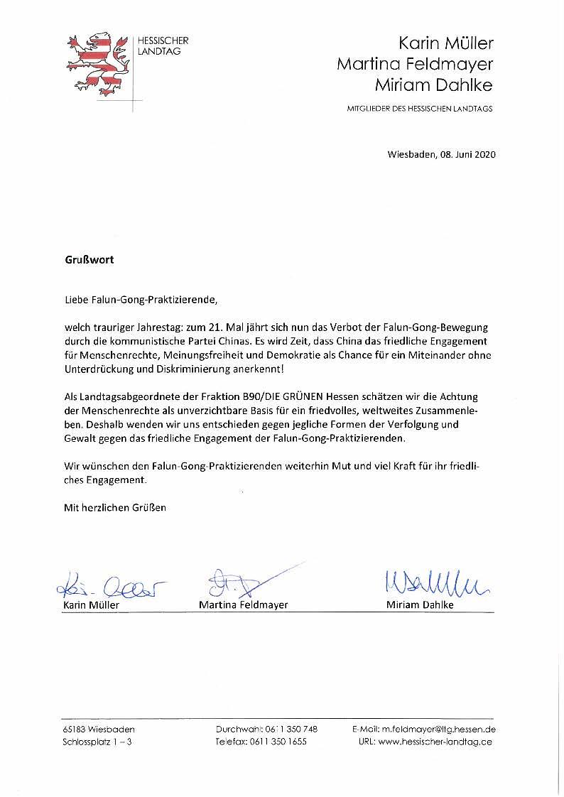 Pismo Karin Mueller, Martine Feldmayer i Miriam Dahlke, MSP Stranka zelenih 