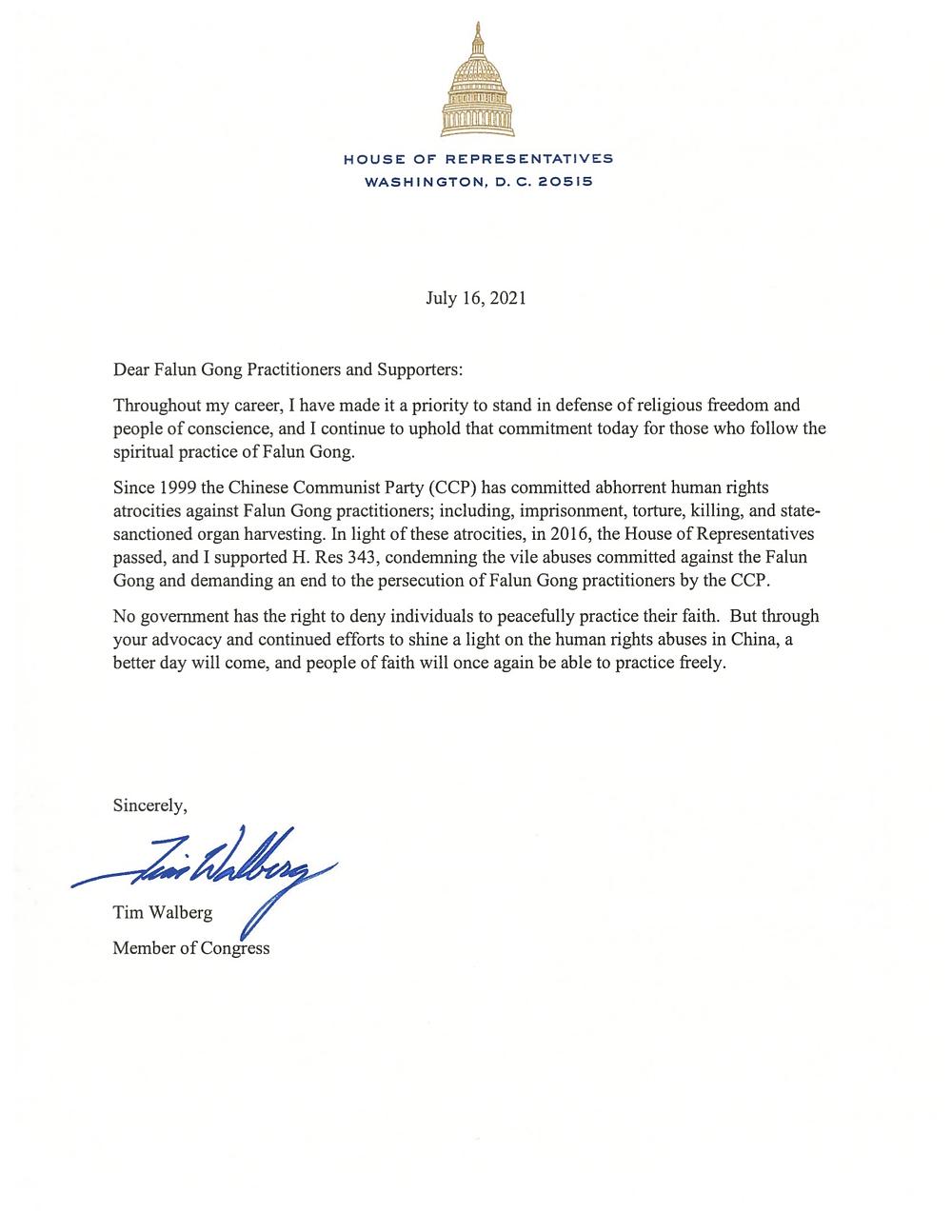 Prateće pismo zastupnika Tima Walberga 