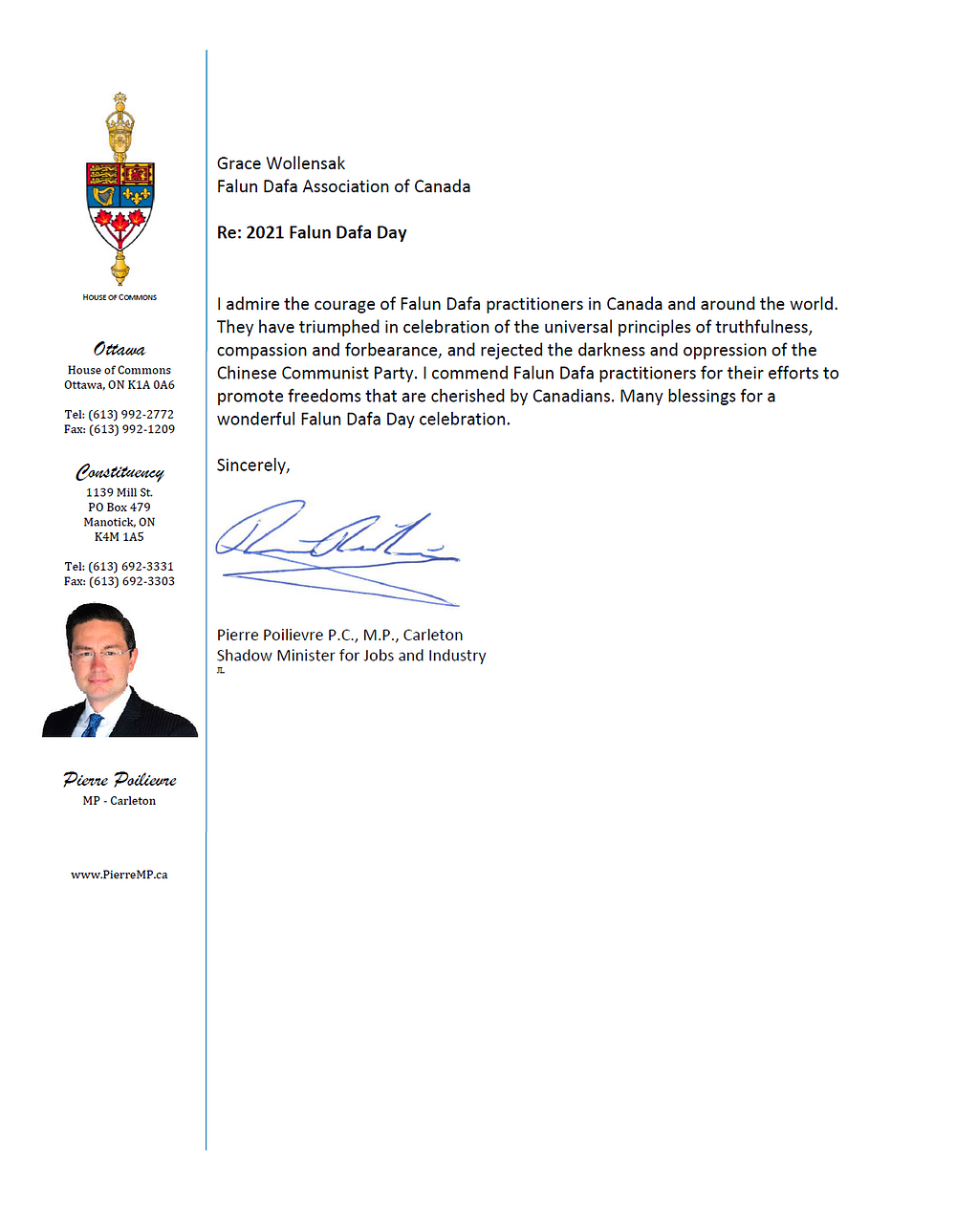 Pismo poslanika Pierre Poilievre, ministra u sjeni za radna mjesta i industriju